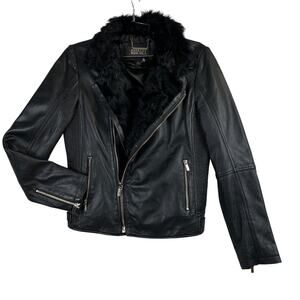Badgley Mischka Genuine Leather Jacket Long Hair Lamb Fur Black Size S-$895 USD